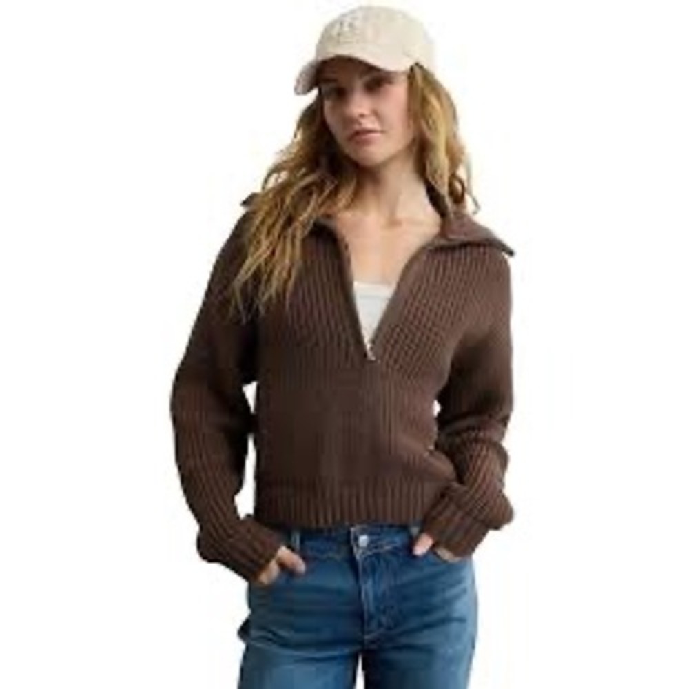 American Eagle Quarter Zip Sweater Womens Small Brown Ribbed Knit Cropped
